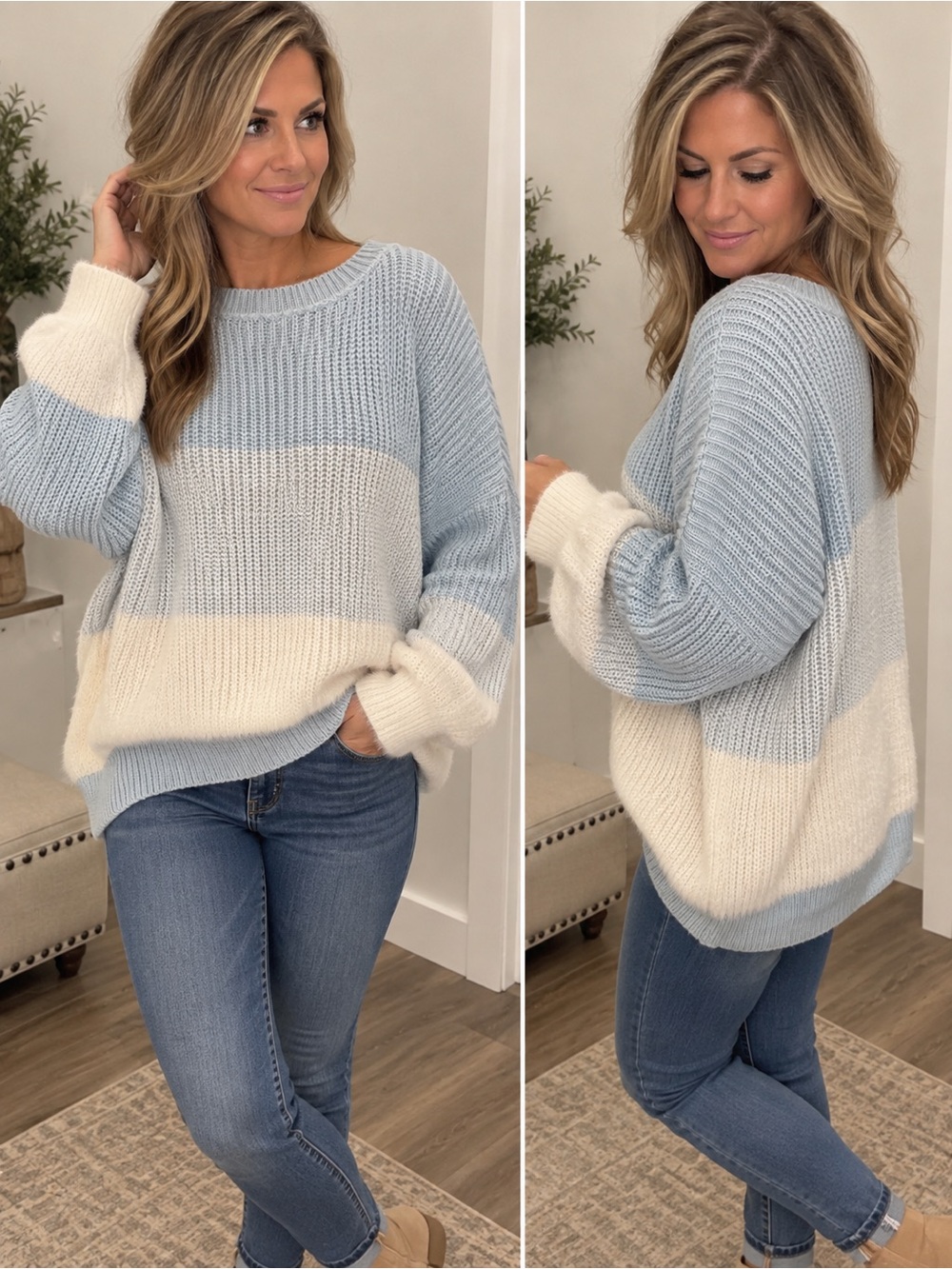 Light Blue & Cream Colorblock Crewneck Sweater